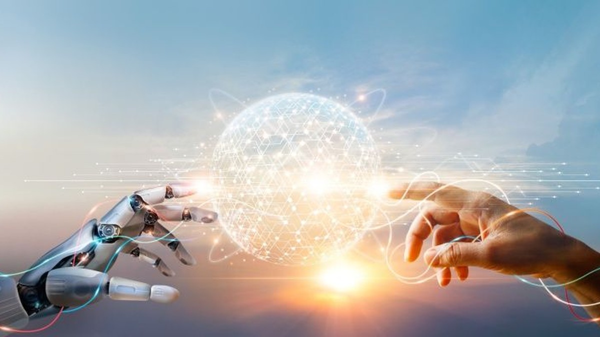 AI for Nonprofits webinar graphic, robot and human hands reaching toward each other