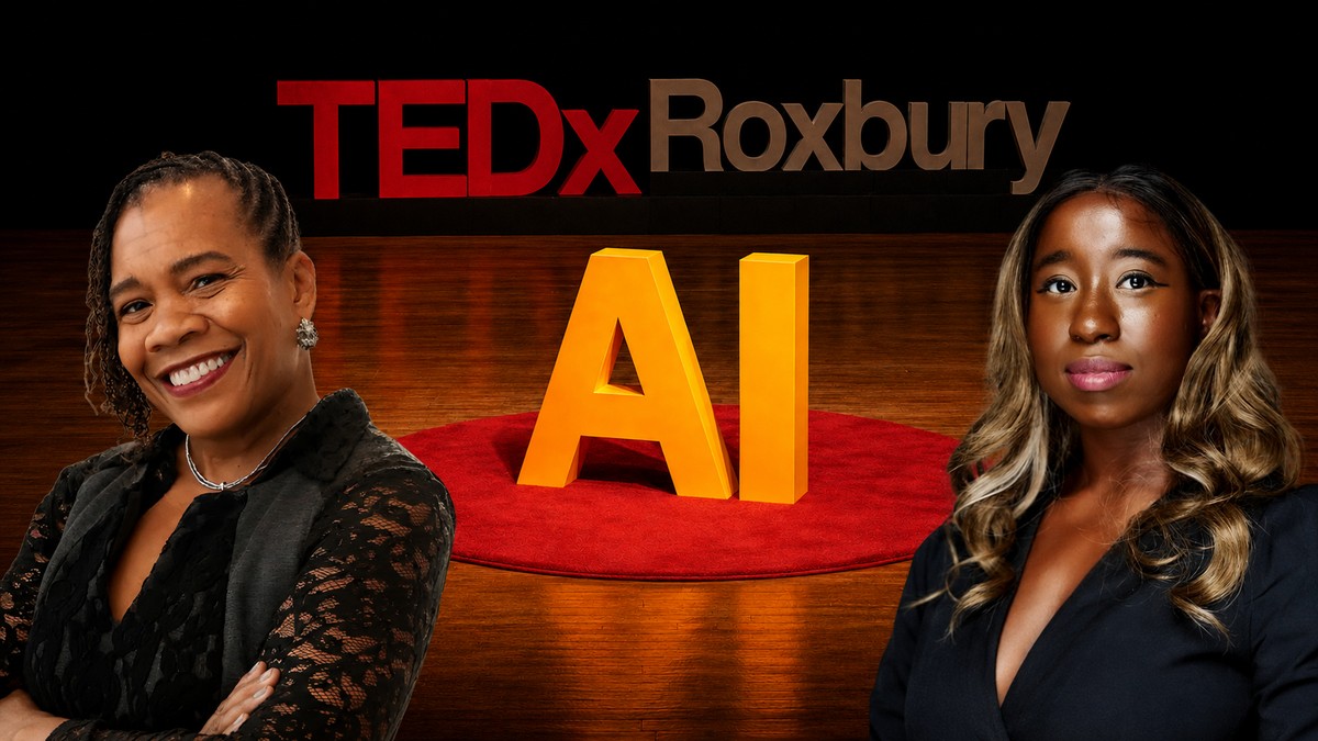 Who AI Can't See panel promo, Boston AI Week 2026, featuring Angela Pitter and Shana Feggins